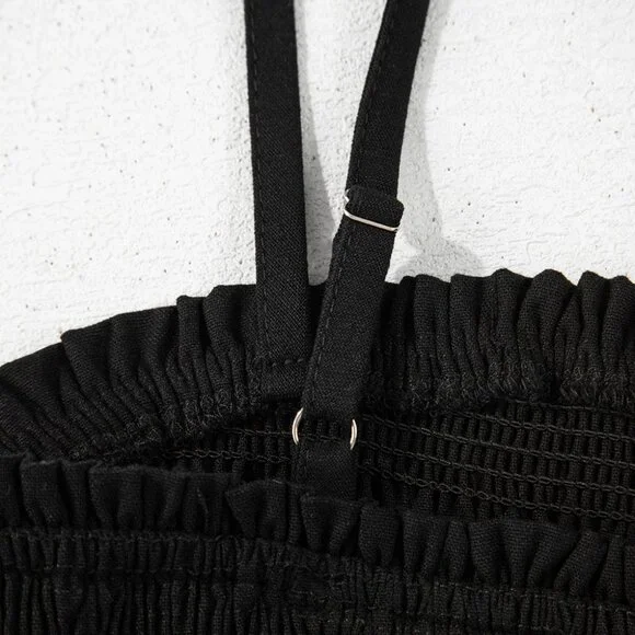 B249 Black Spaghetti Straps Shirred Bodice Pocketed Wide Leg Jumpsuit - Picture 14 of 16